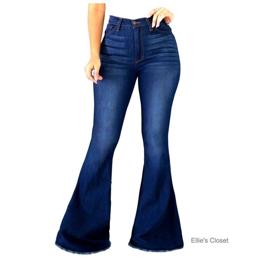 Bell Bottom Jeans Elastic Waist Ripped Flared Destroyed Raw Hem Denim Pants